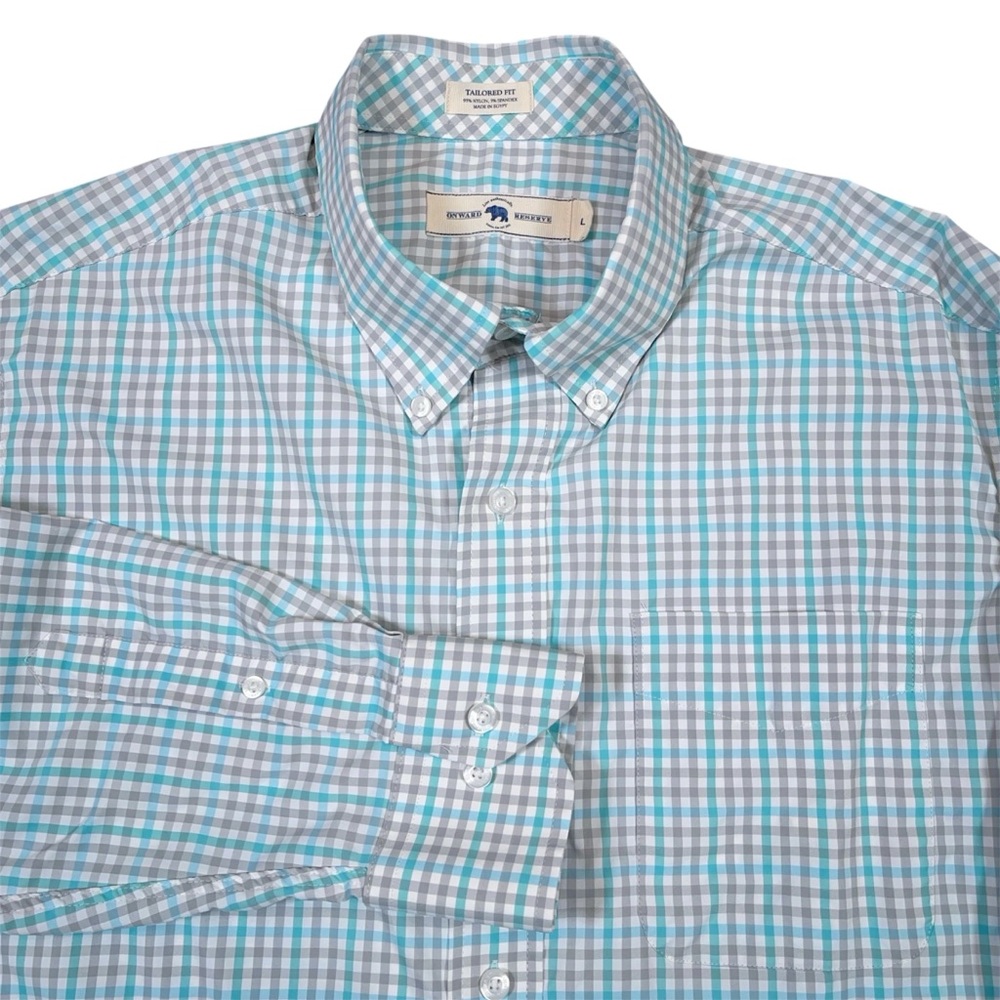 Onward Reserve Performance Button Down Shirt Mens L Gray Blue Check Tailored Fit